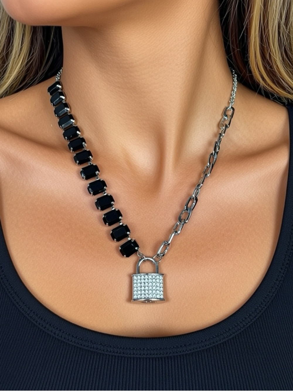 paparazzi Silver Padlock Necklace with Black Stones